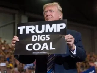 Donald Trump holding a sign that says 'Trump Digs Coal'.