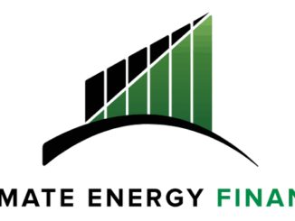 Logo with green bars and black arc, symbolizing energy finance.