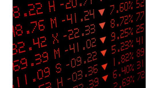 Red stock market data with downward arrows indicating losses. Red stock market data with downward arrows indicating losses.
