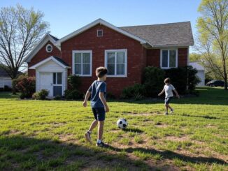 Two boys playing soccer on a sunny day in a front yard.