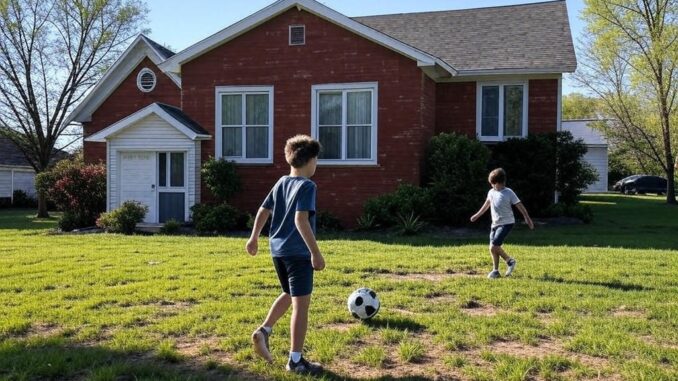 Two boys playing soccer on a sunny day in a front yard. Two boys playing soccer on a sunny day in a front yard.