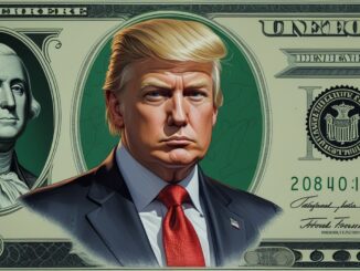 Illustration of Donald Trump on a US dollar bill.