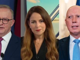 Three news anchors posing in a studio with a cityscape background.