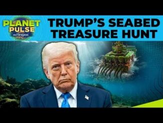 Donald Trump with a mysterious treasure island in the background.