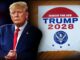 Donald Trump standing next to a Trump 2024 campaign sign.
