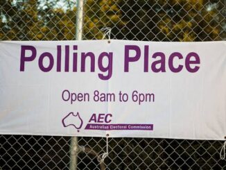 Sign indicating a polling place open from 8am to 6pm.