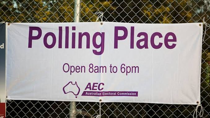Sign indicating a polling place open from 8am to 6pm. Sign indicating a polling place open from 8am to 6pm.