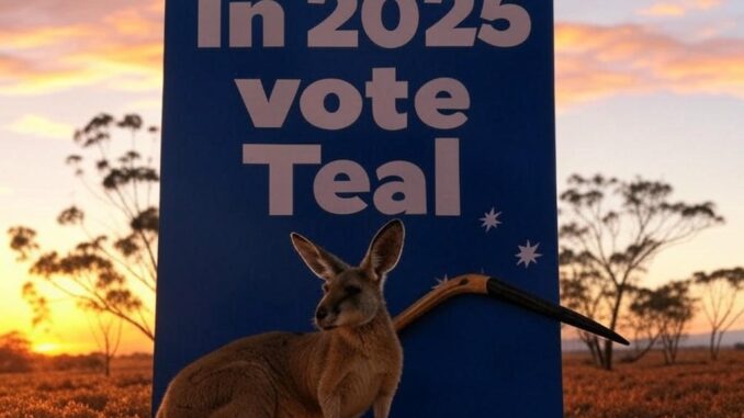 A kangaroo stands in front of a 'In 2025 vote Teal' sign at sunset.
