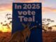 A kangaroo stands in front of a 'In 2025 vote Teal' sign at sunset.