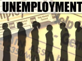 Silhouettes of people standing in line under 'Unemployment' headline with job ads.