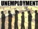 Silhouettes of people standing in line under 'Unemployment' headline with job ads.