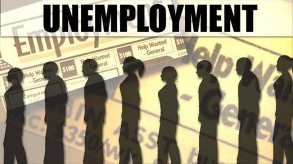 Silhouettes of people standing in line under 'Unemployment' headline with job ads. Silhouettes of people standing in line under 'Unemployment' headline with job ads.