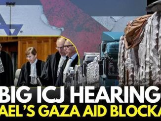 Officials and lawyers in a courtroom for Gaza aid blockage hearing.