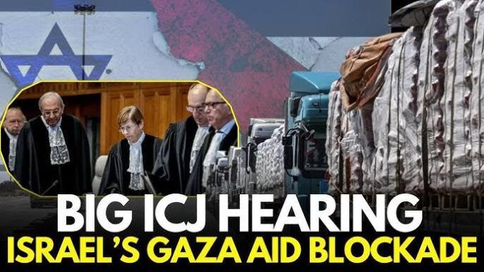 Officials and lawyers in a courtroom for Gaza aid blockage hearing. Officials and lawyers in a courtroom for Gaza aid blockage hearing.