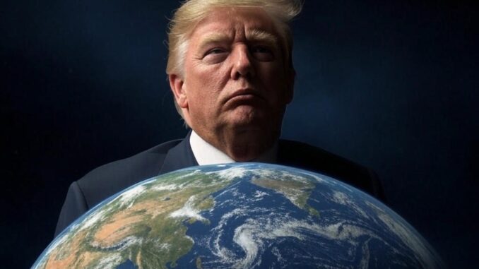 Donald Trump with a serious expression behind a globe of Earth. Donald Trump with a serious expression behind a globe of Earth.
