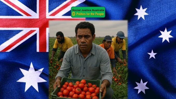 Farmers picking tomatoes, Australian flag background.