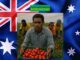 Farmers picking tomatoes, Australian flag background.