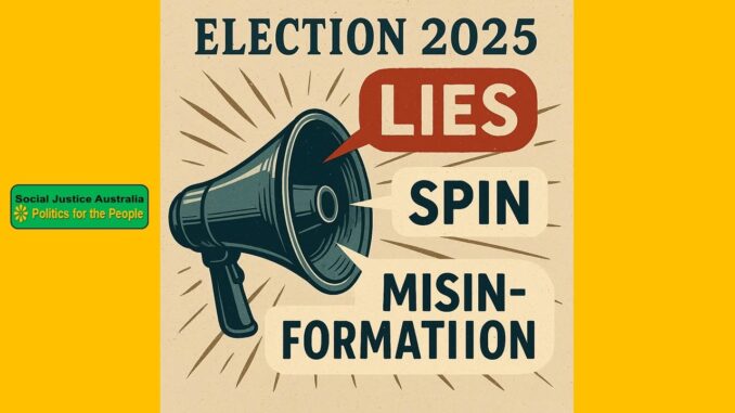 Megaphone with "Lies," "Spin," "Misinformation" text. Megaphone with "Lies," "Spin," "Misinformation" text.