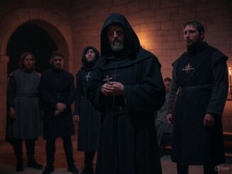 Monks in a dimly lit stone room.