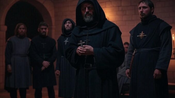 Monks in a dimly lit stone room. Monks in a dimly lit stone room.