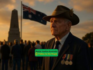 Veteran in hat with medals stands solemnly at sunset, Australian flag in background.