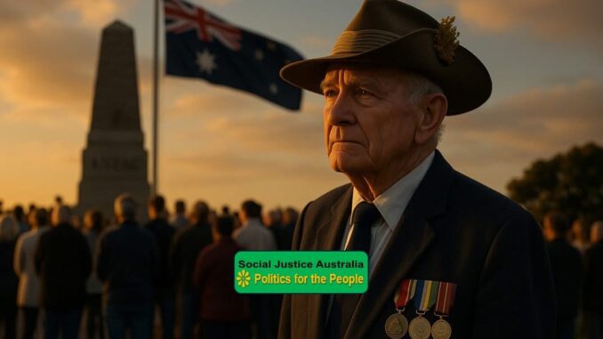 Veteran in hat with medals stands solemnly at sunset, Australian flag in background. Veteran in hat with medals stands solemnly at sunset, Australian flag in background.