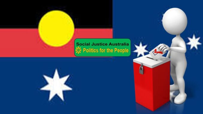 Australian flag with a voting box and Social Justice Australia logo.