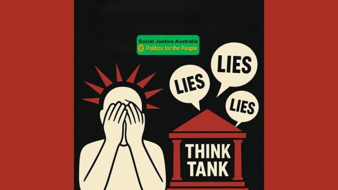 An illustration showing a distressed person surrounded by words like 'LIES' and 'THINK TANK'. An illustration showing a distressed person surrounded by words like 'LIES' and 'THINK TANK'.