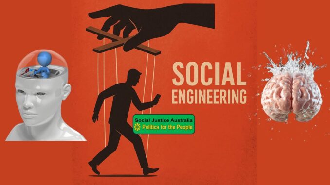 A hand manipulates a puppet labeled 'Social Engineering.' A hand manipulates a puppet labeled 'Social Engineering.'