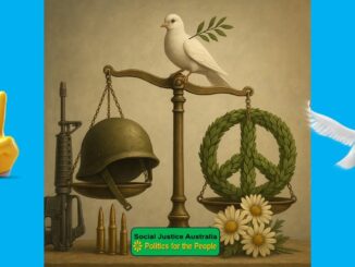A balanced scale with a dove, peace symbol, and helmet representing peace and war.