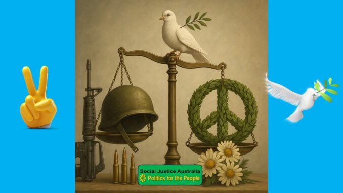 A balanced scale with a dove, peace symbol, and helmet representing peace and war. A balanced scale with a dove, peace symbol, and helmet representing peace and war.