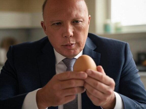 Man in suit intensely examining an egg in a kitchen.