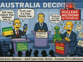 Cartoon depicting Australian politicians with a nuclear meltdown theme.