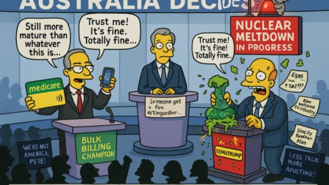 Cartoon depicting Australian politicians with a nuclear meltdown theme.