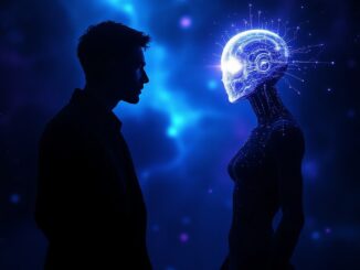 A human and a robot face each other against a cosmic background.