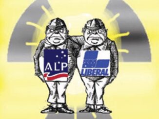 Cartoon depicting ALP and Liberal figures under nuclear lobby influence.
