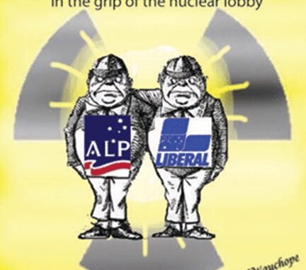 Cartoon depicting ALP and Liberal figures under nuclear lobby influence.