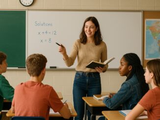 Teacher explaining algebra solutions to high school students.