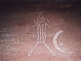 Ancient rock carving of a stylized animal figure with elongated body and limbs.