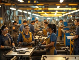 Workers engaged in discussion inside a busy factory environment.