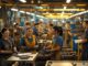 Workers engaged in discussion inside a busy factory environment.