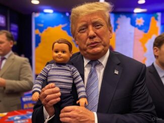 Donald Trump holding a doll with a striped shirt in a formal setting.