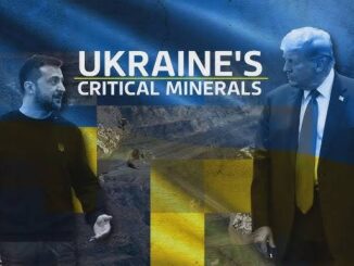 Two men discussing Ukraine's critical minerals with a backdrop of mining and national flags.