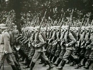 Soldiers marching in formation during a historical military parade.