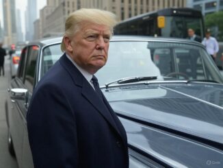 Man in a dark coat standing near a vintage car on a city street.