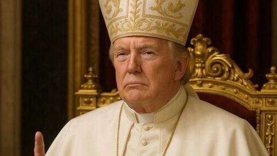 A man dressed as a pope with a serious expression. A man dressed as a pope with a serious expression.