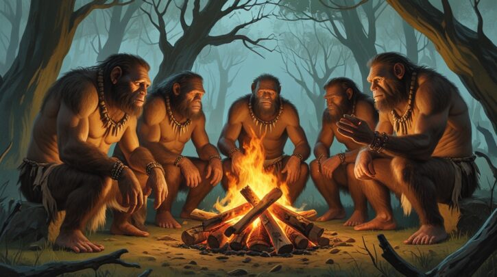 Early humans gather around a campfire in a prehistoric forest.
