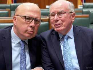 Two suited men leaning in during meeting
