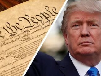 Donald Trump next to a portion of the U.S. Constitution's preamble.