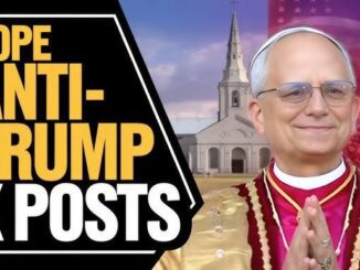 A bishop stands smiling next to a text about anti-Trump posts.